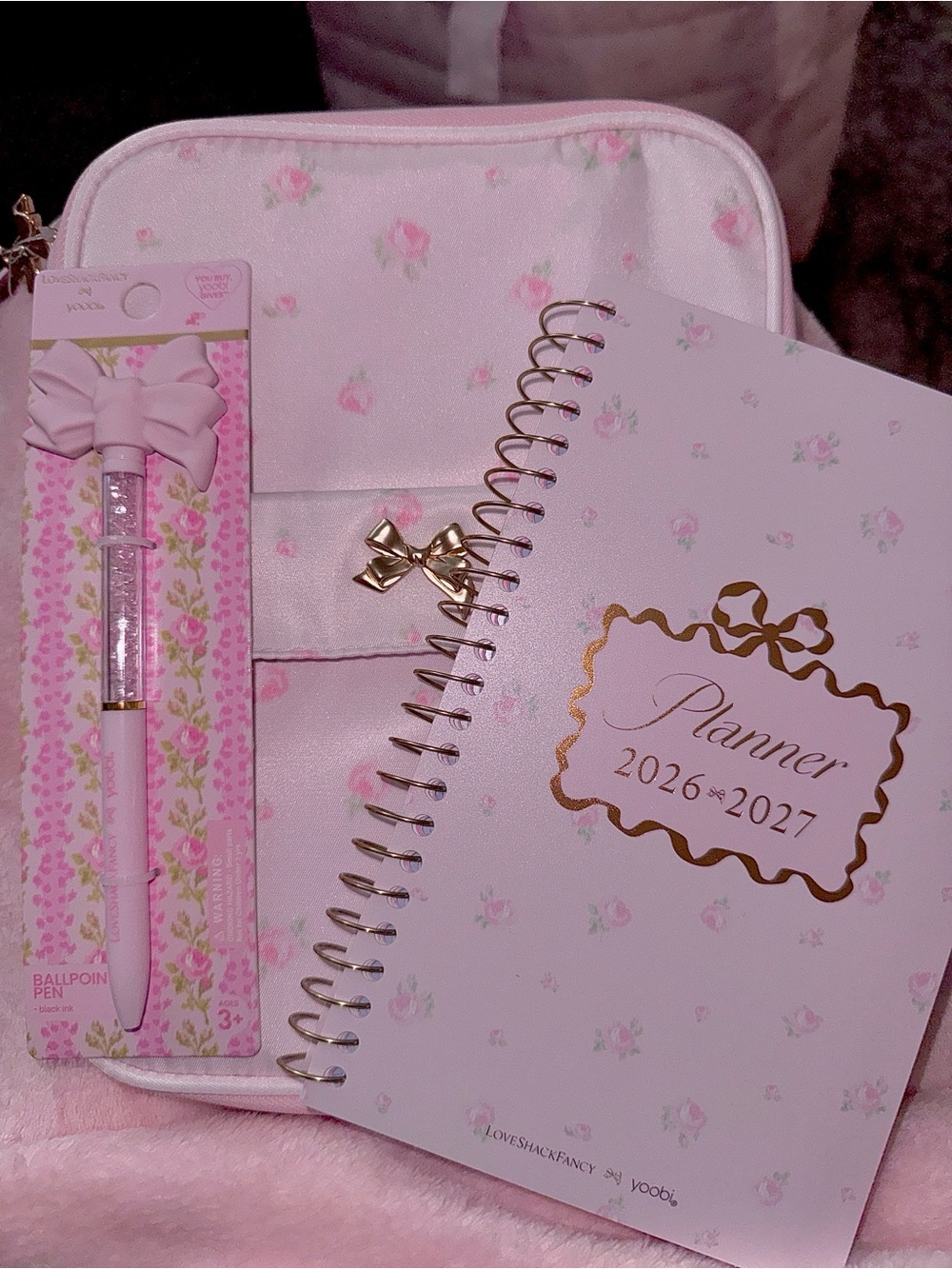 Loveshackfancy Pink Floral Spiral Planner, bow pen, set🌸💞